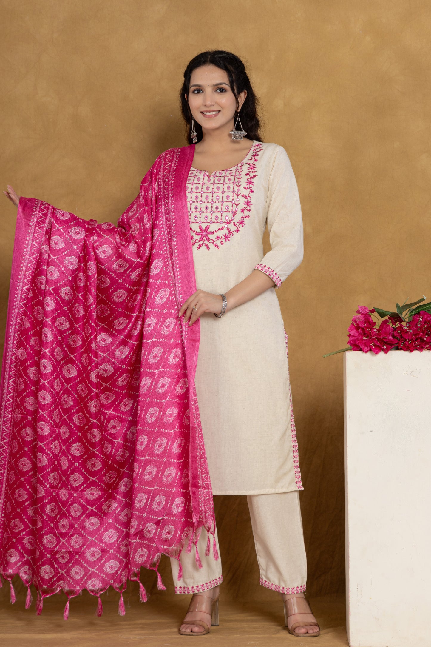 Pink Cotton Flex Straight kurtia with pant and dupatta.