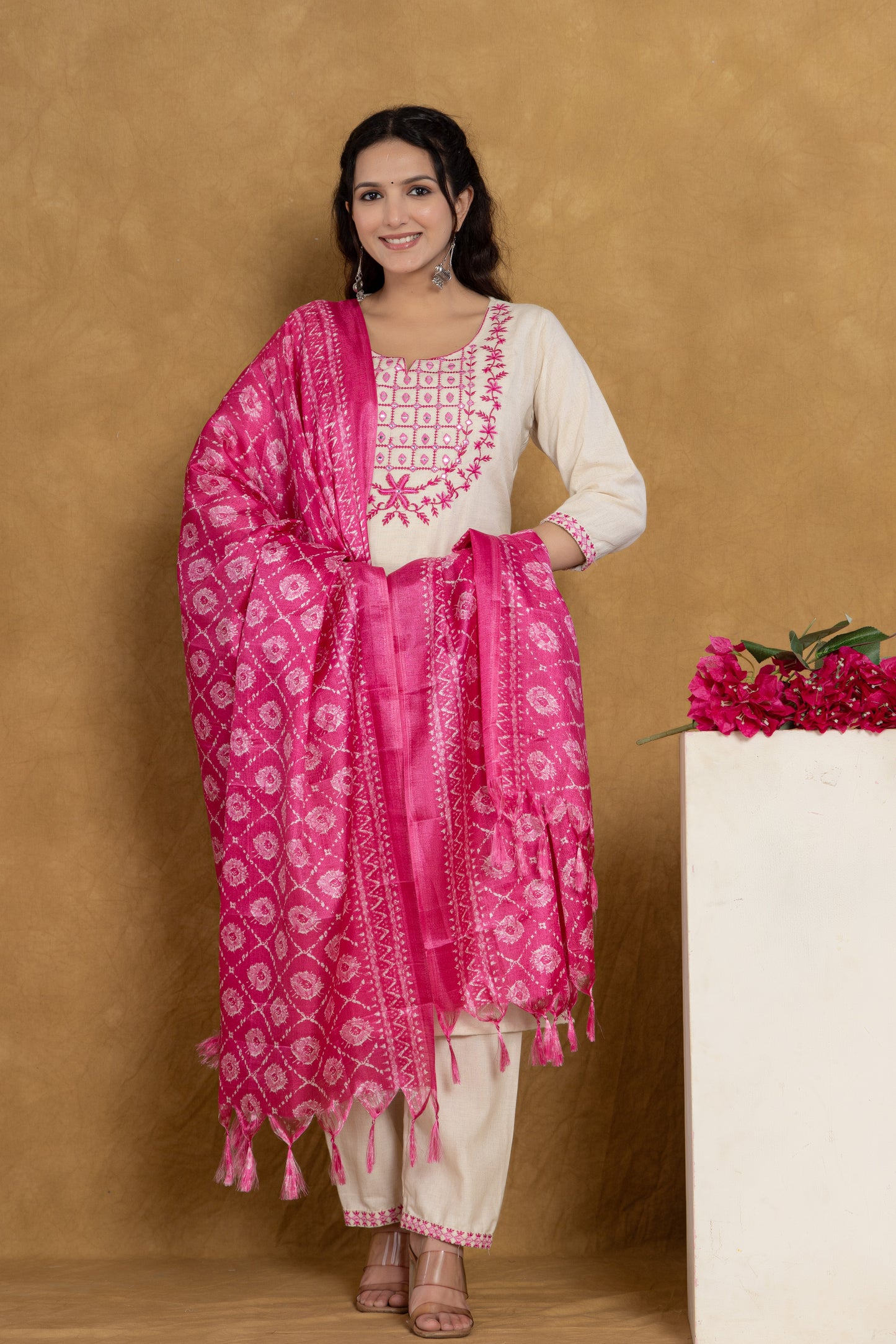Pink Cotton Flex Straight kurtia with pant and dupatta.