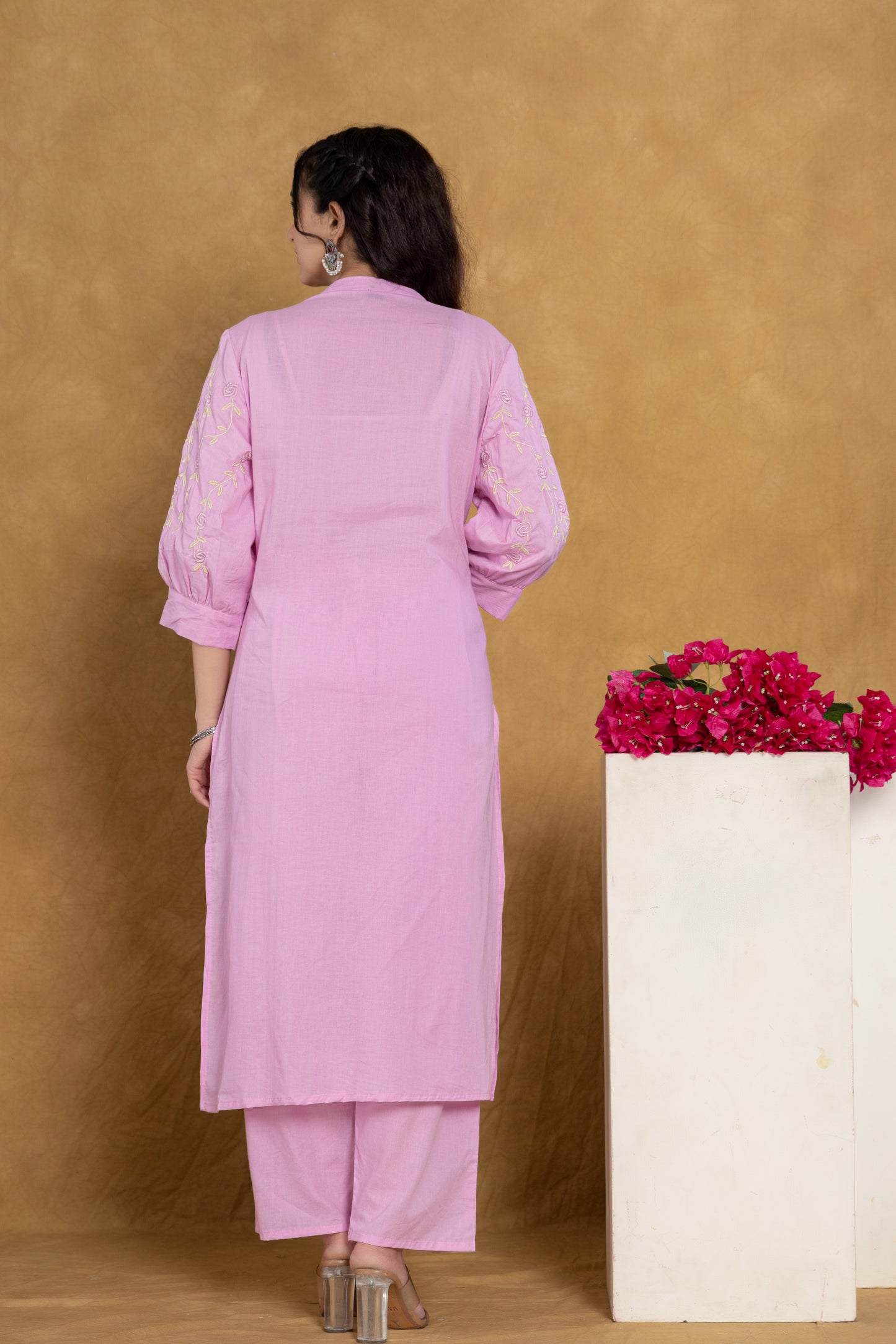 Pink Cotton kurti Set with Embroidery & Pintex Detailing