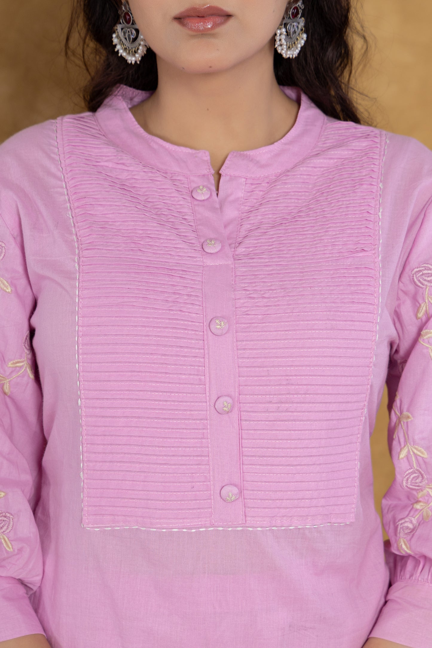 Pink Cotton kurti Set with Embroidery & Pintex Detailing