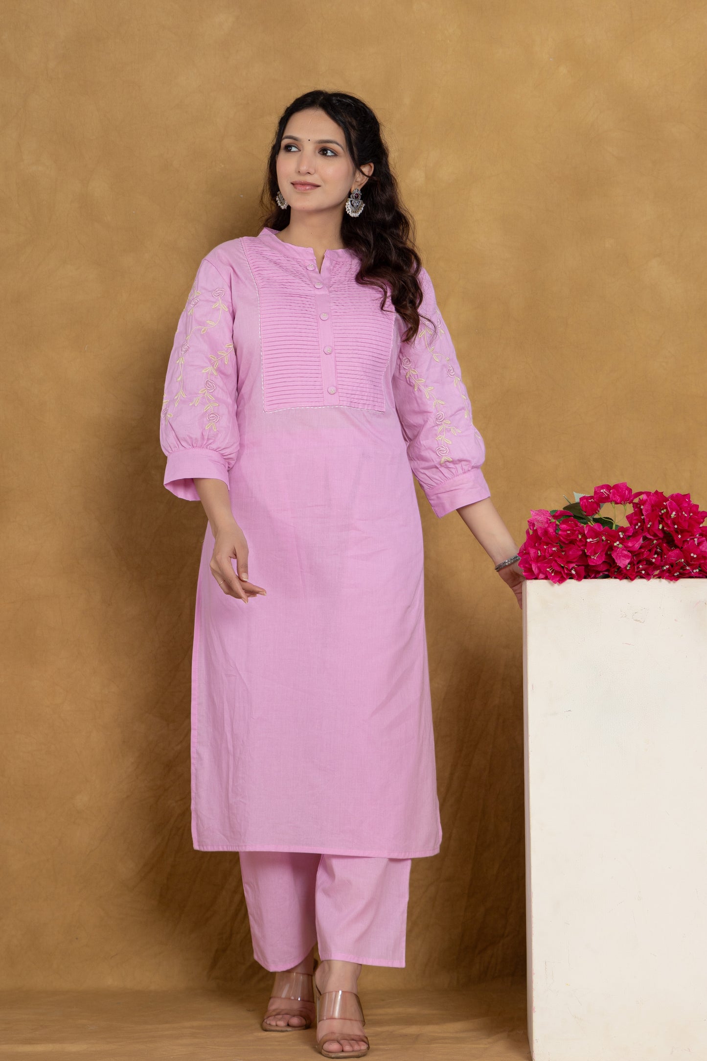 Pink Cotton kurti Set with Embroidery & Pintex Detailing