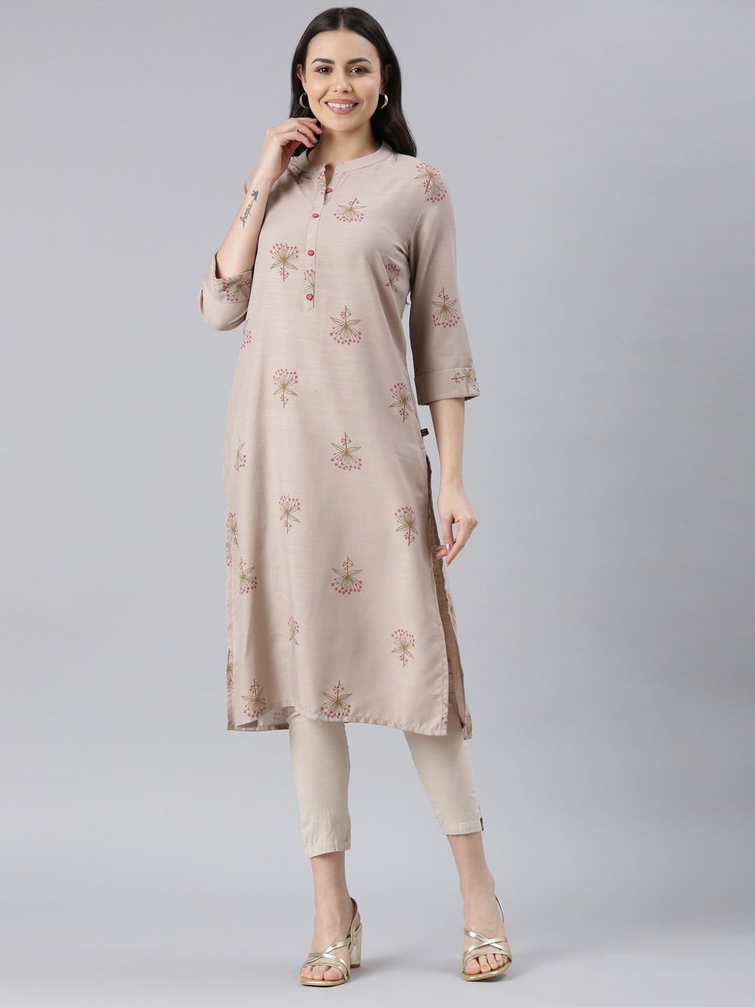 Chiku Color Floral Printed Cotton Kurta