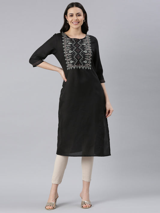 Elegant Embroidered Cotton Blend Straight Full Black Kurta for women from samhitas