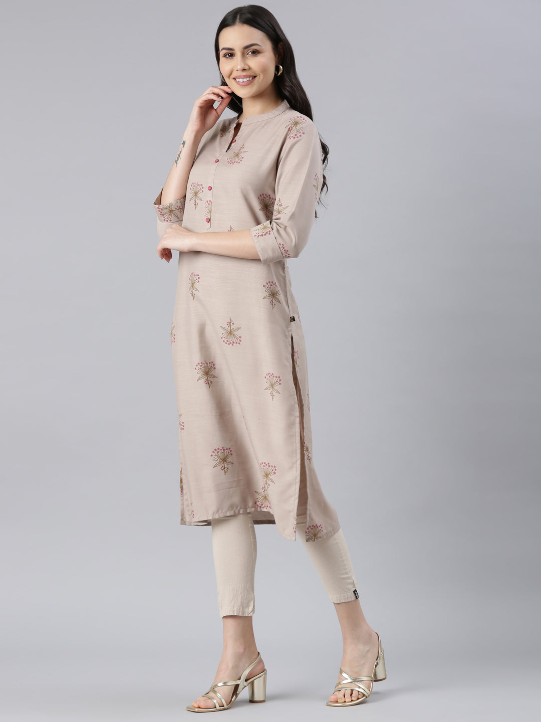 Chiku Color Floral Printed Cotton Kurta