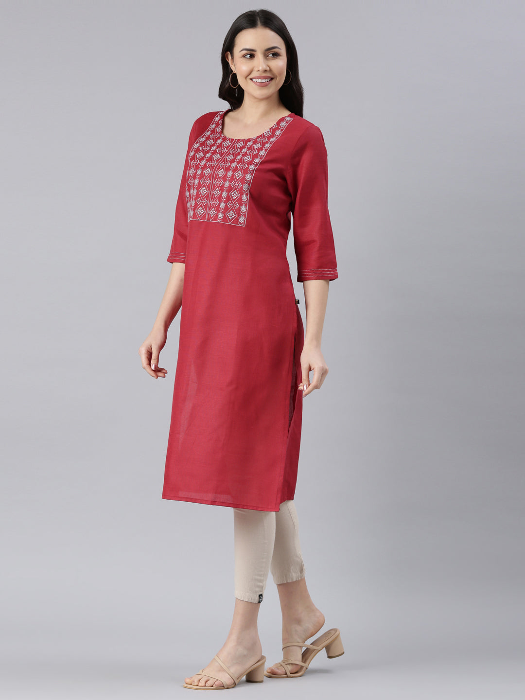Side view of Maroon Embroidered Cotton Blend Straight Kurta from samhitas apparel