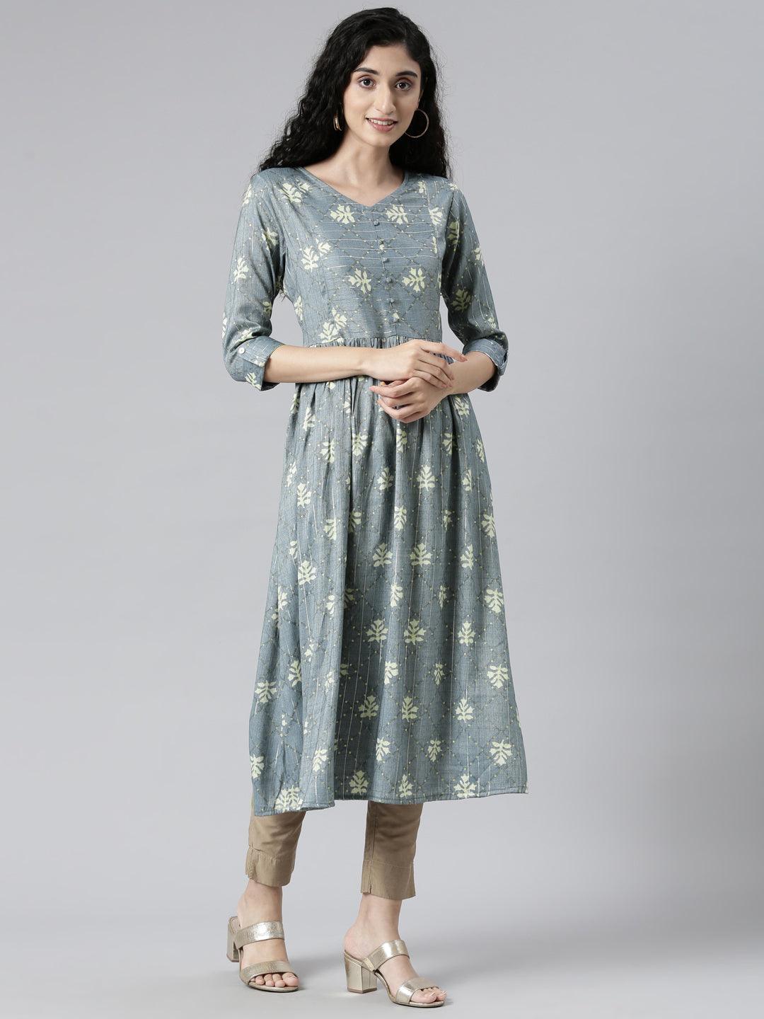 Front image of Indigo Colored Printed Viscose Rayon Kurta for women from samhitas apparel