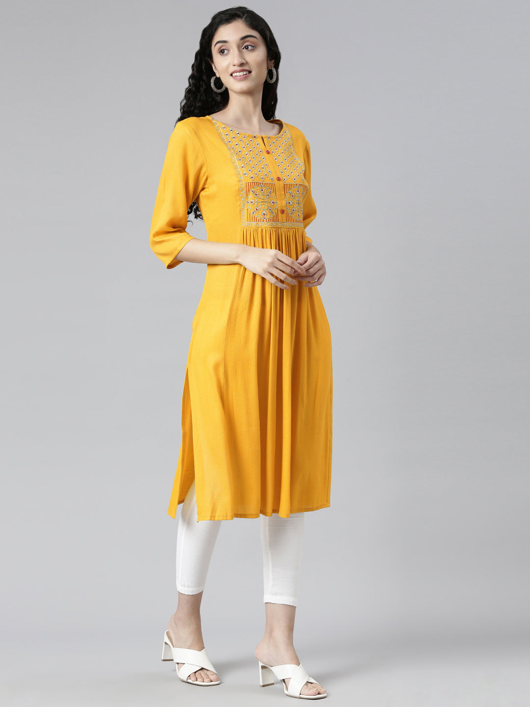 Elegant Yellow Viscose Rayon Flared Kurta for Women from samhitas apparel