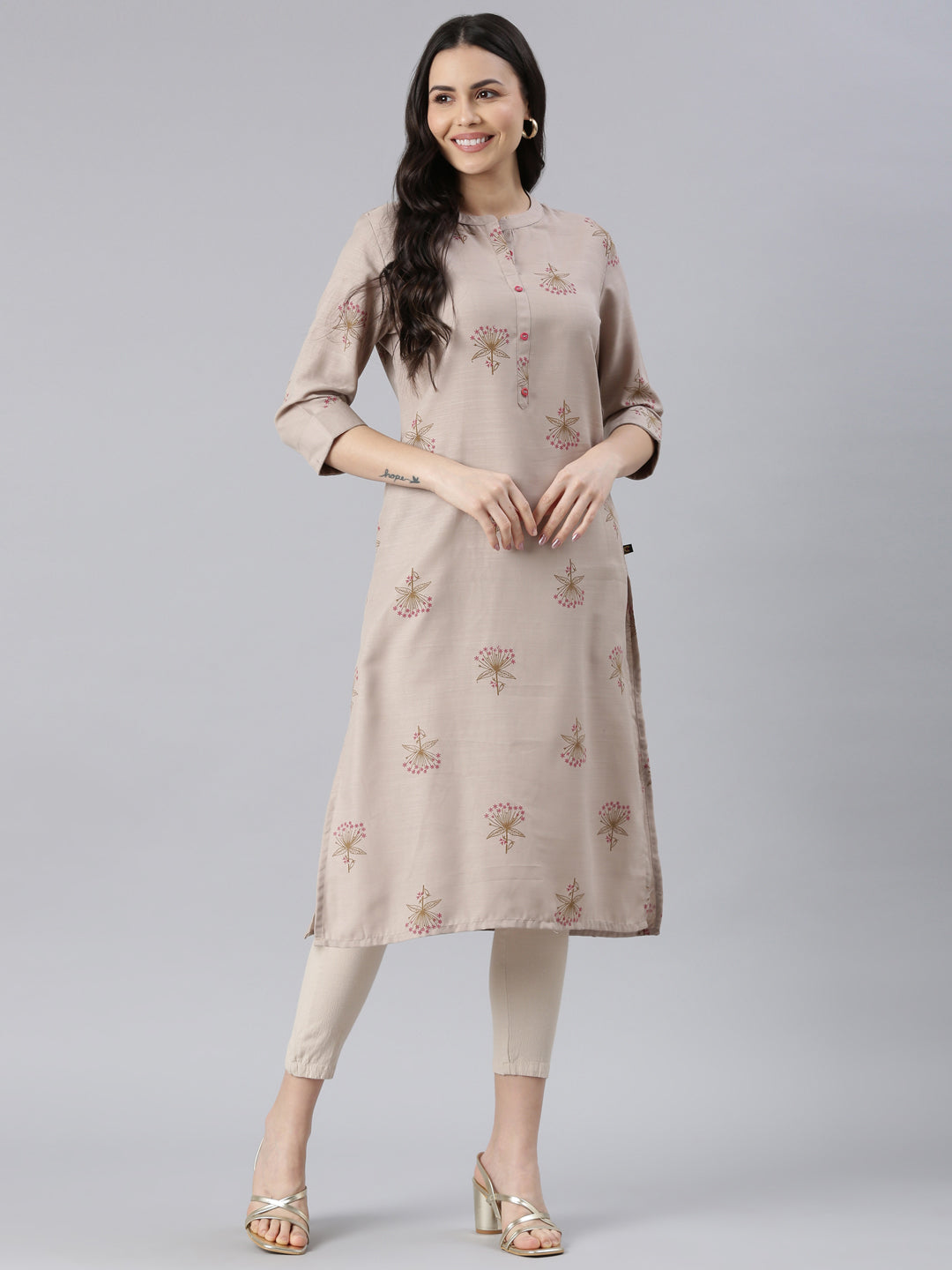 Chiku Color Floral Printed Cotton Kurta