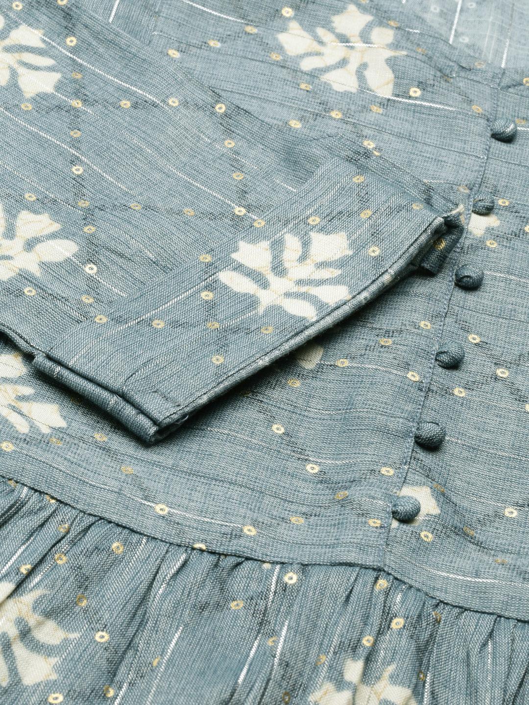 closeup image of the design of the new Indigo Colored Printed Viscose Rayon Kurta for women from samhitas apparel