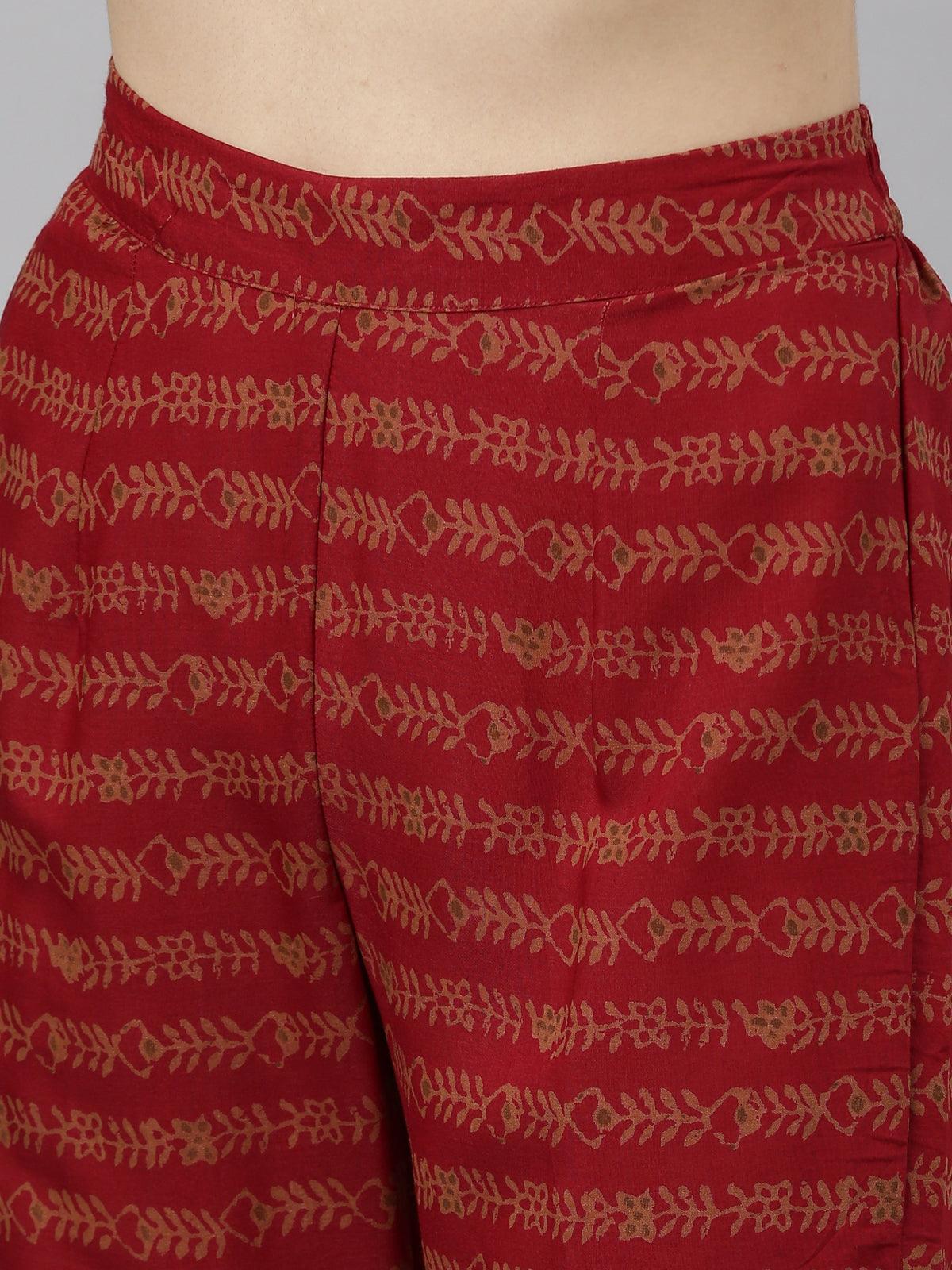 Maroon Printed Cotton Silk Kurta Pant Set for Women from samhitas apparel