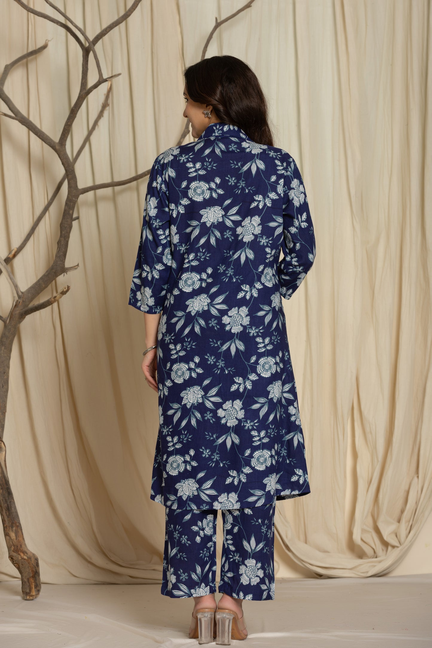 Indigo Cotton Printed A Line Cord Set for Women