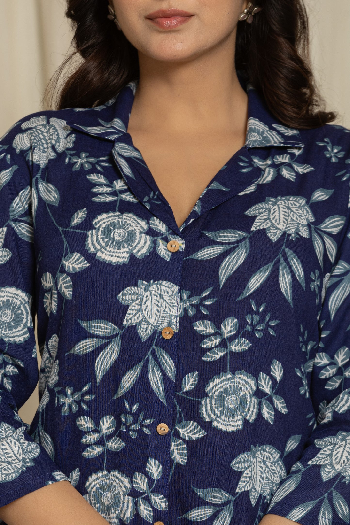 Indigo Cotton Printed A Line Cord Set for Women