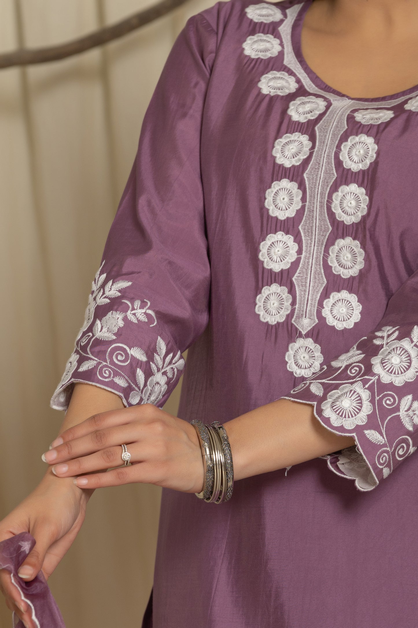 Royal Violet Roman Silk Suit Set With Beautiful Mirror And Thread Embroidery