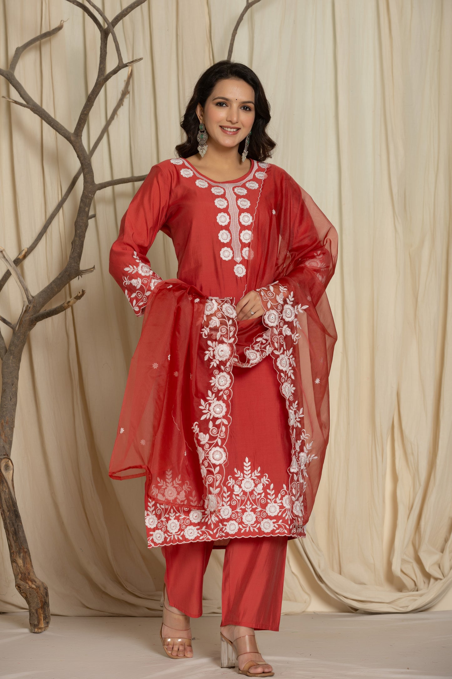 Red Pure Roman Silk Suit Set With Beautiful Mirror And Thread Embroidery Work on Kurti And Dupatta