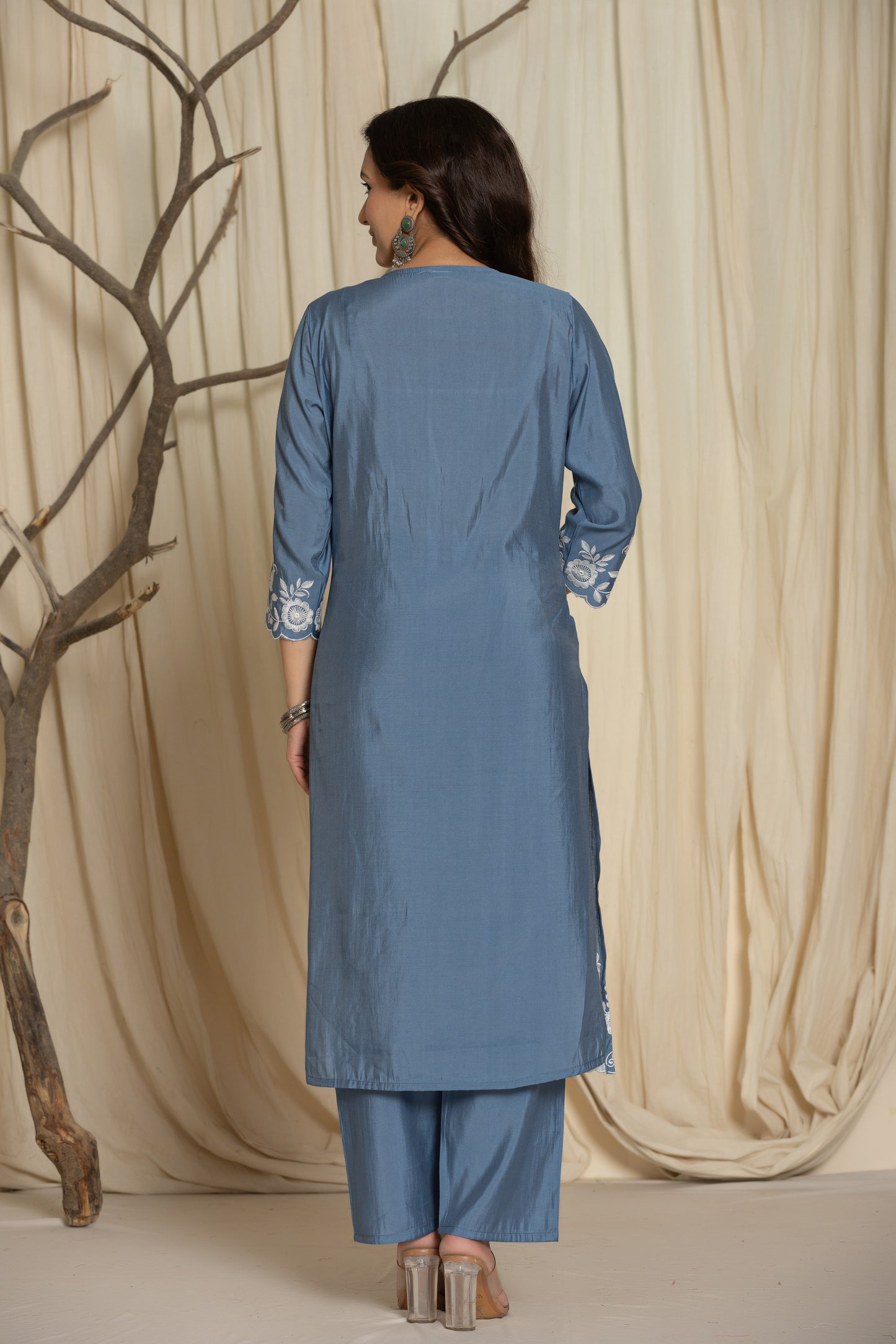 Grey Pure Roman Silk Suit Set With Beautiful Mirror And Thread Embroidery