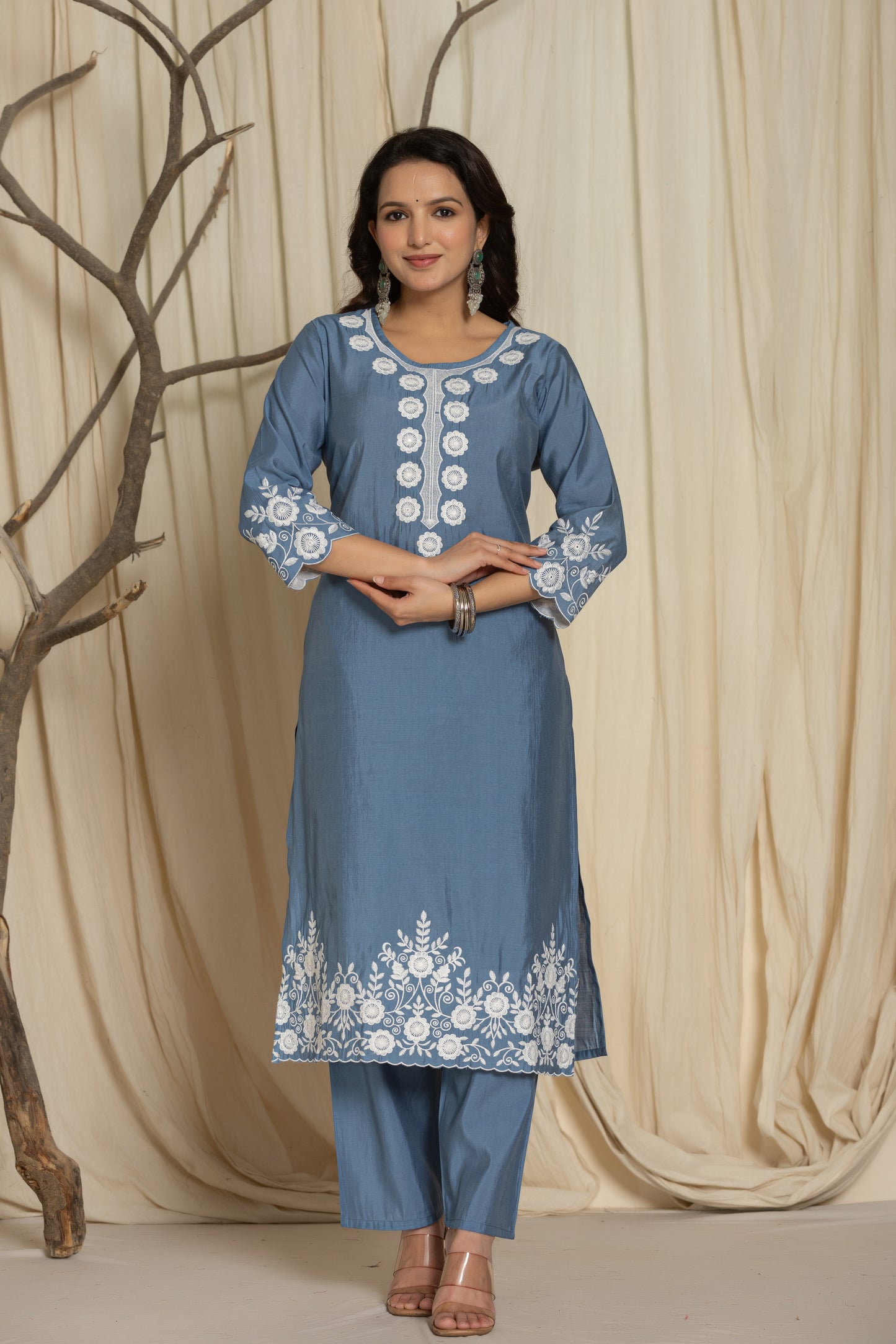Grey Pure Roman Silk Suit Set With Beautiful Mirror And Thread Embroidery