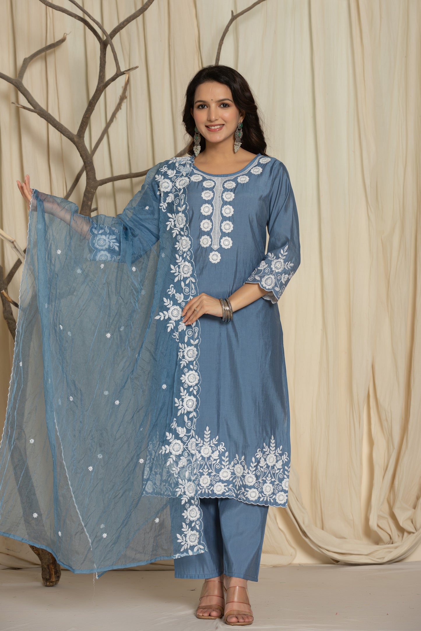 Grey Pure Roman Silk Suit Set With Beautiful Mirror And Thread Embroidery