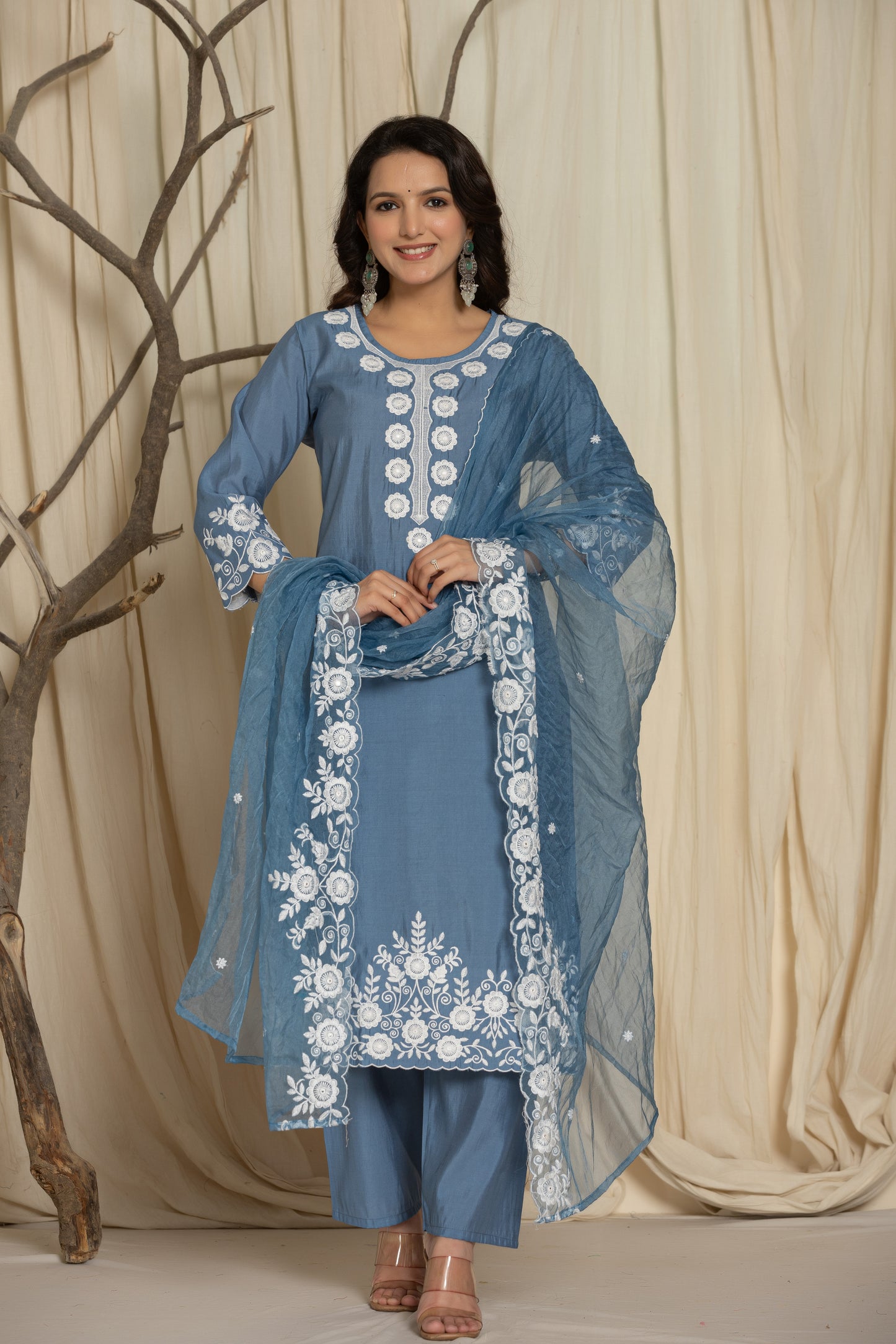 Grey Pure Roman Silk Suit Set With Beautiful Mirror And Thread Embroidery