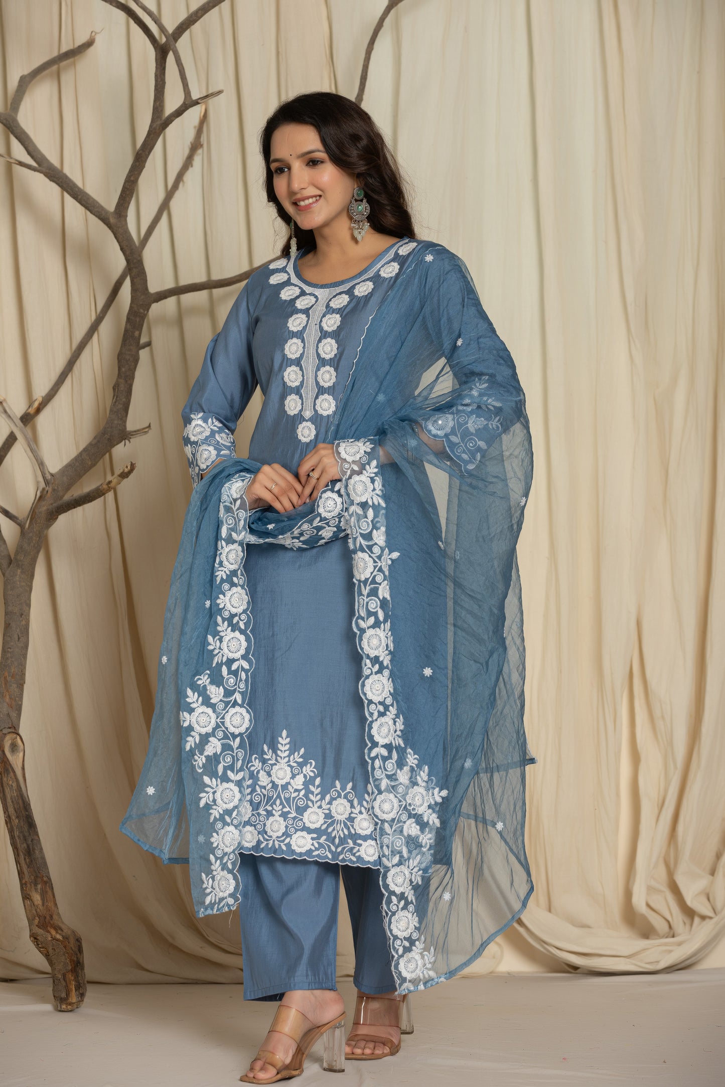 Grey Pure Roman Silk Suit Set With Beautiful Mirror And Thread Embroidery