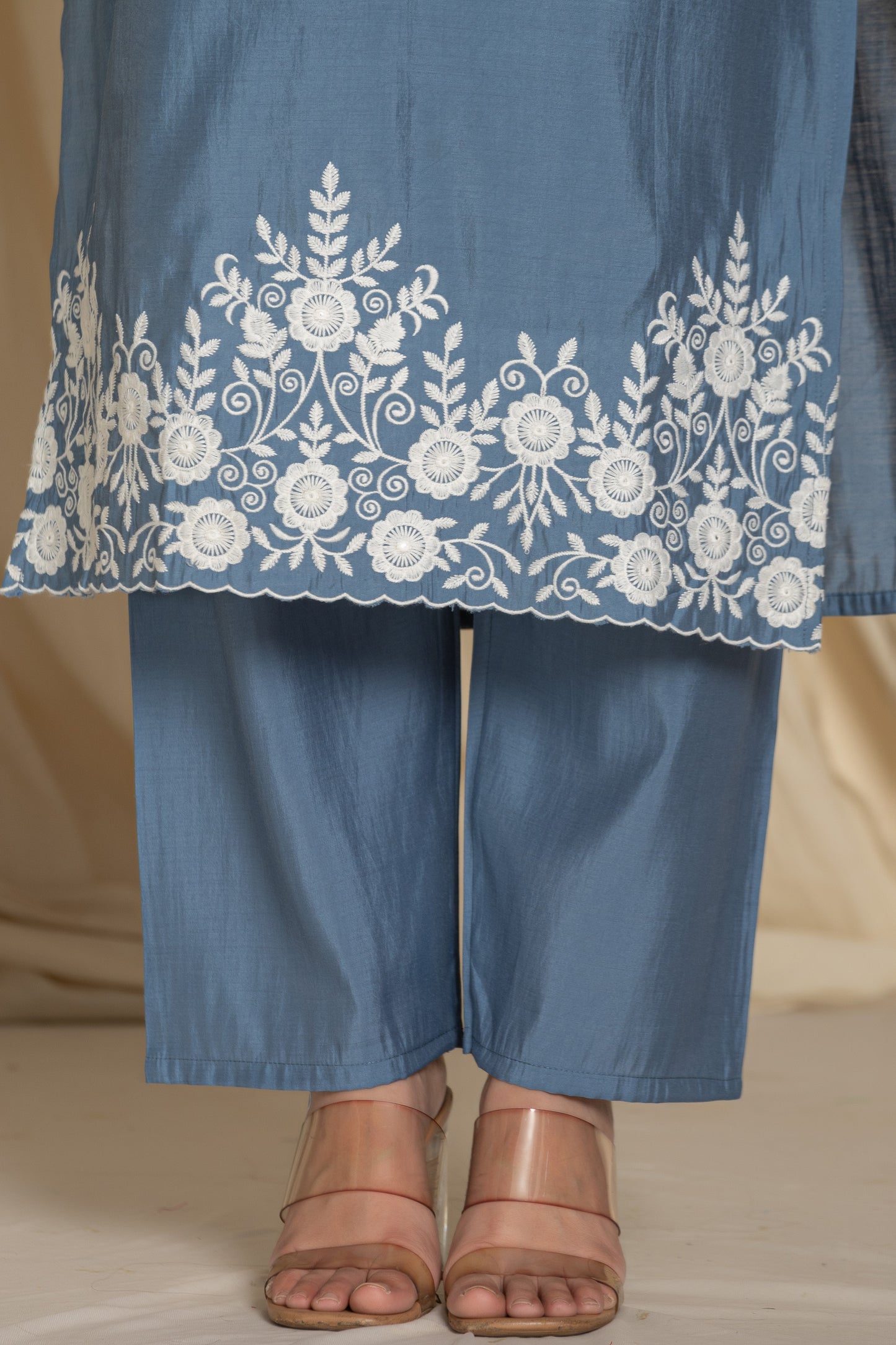Grey Pure Roman Silk Suit Set With Beautiful Mirror And Thread Embroidery