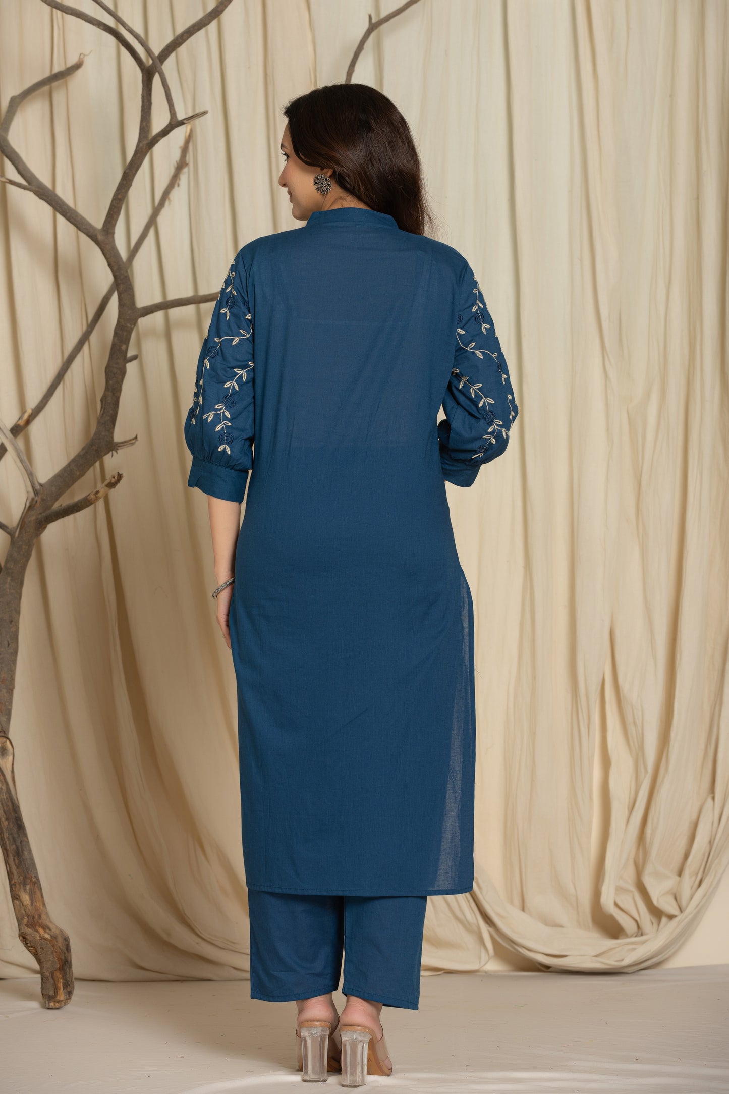 Dark Blue Cotton kurti Set with Embroidery & Pintex Detailing