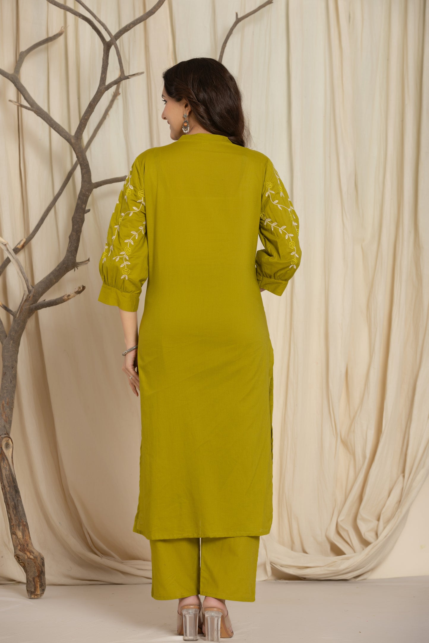 Green Cotton kurti Set with Embroidery & Pintex Detailing