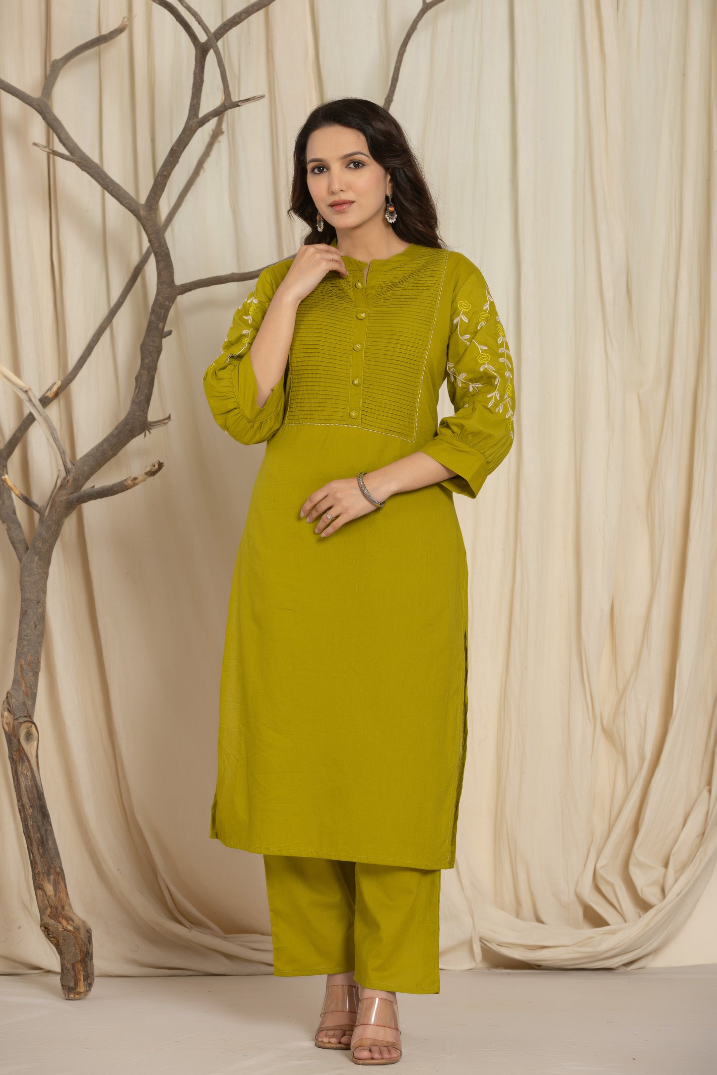 Green Cotton kurti Set with Embroidery & Pintex Detailing