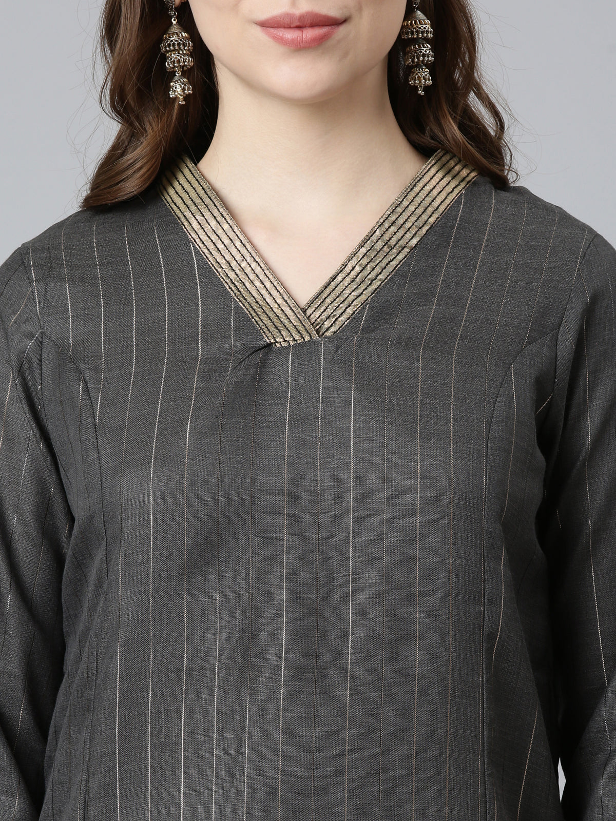 closeup view of Black Lurex Straight Cotton Kurtis For Women With Pants from samhitas apparel