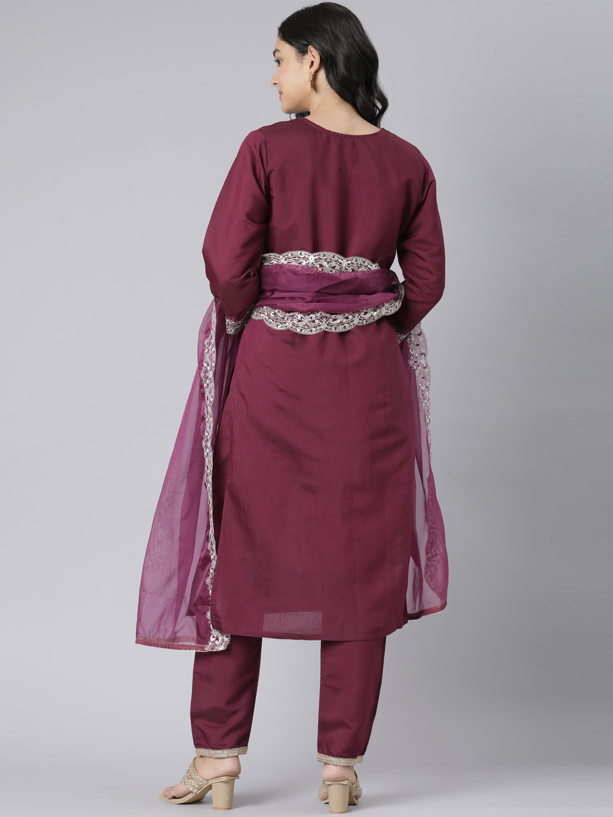 Wine-Colored Kurta Set with Silver Floral Embroidery and Organza Dupatta