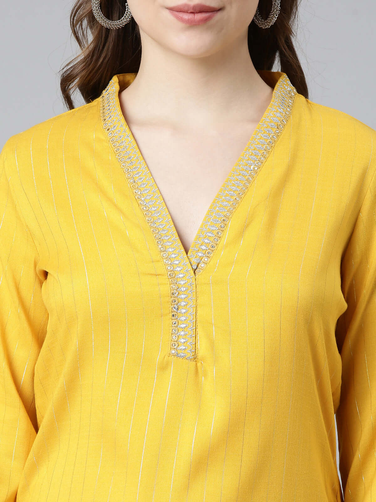 closeup view of Samhitas Chrome Yellow Kurti With Pants
