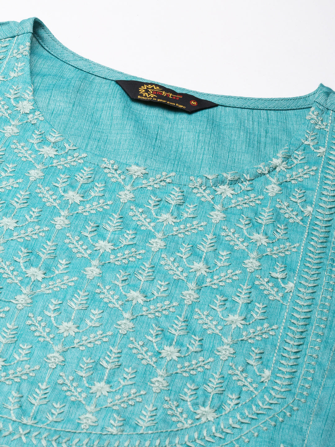 closeup image of Samhitas Light Blue chikankari kurta for women