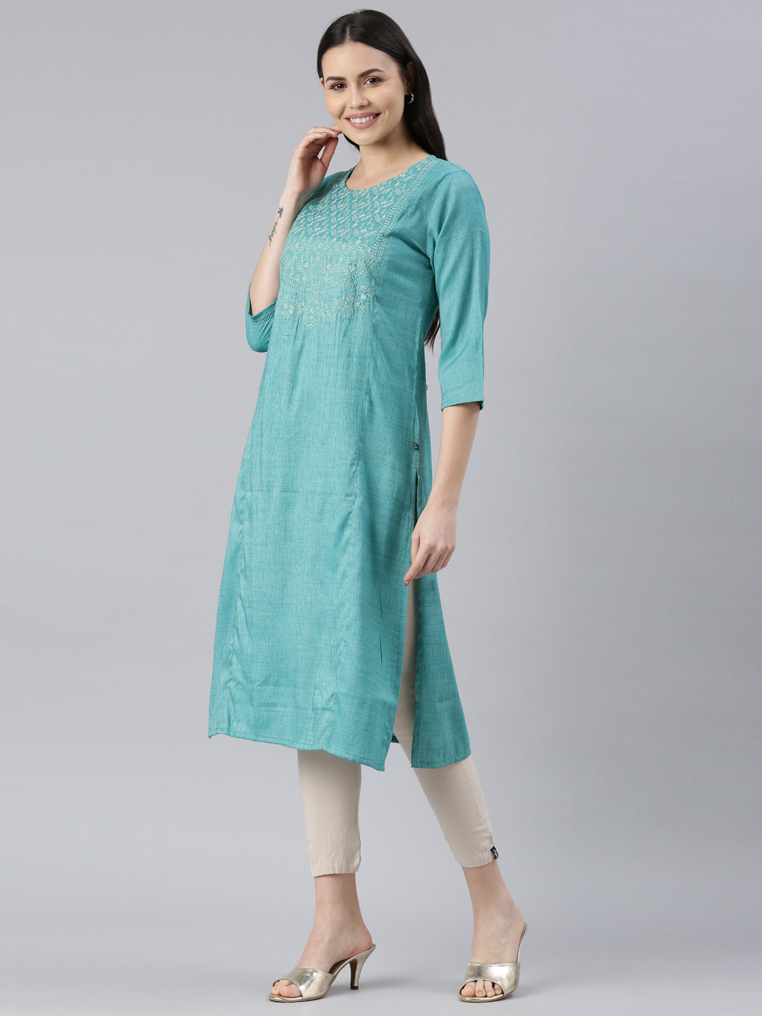 side view image of Samhitas Light Blue chikankari kurta for women