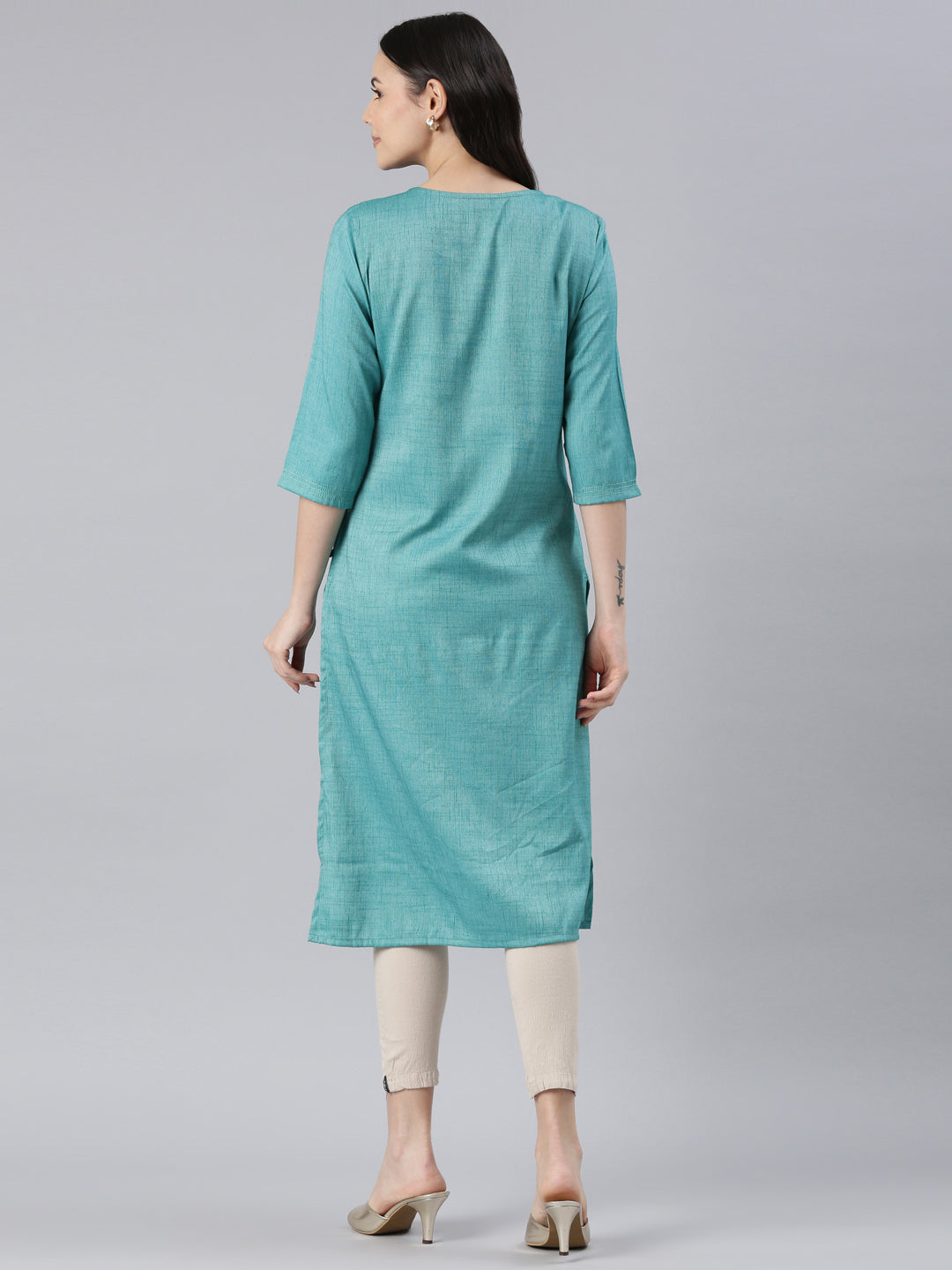 backside image of Samhitas Light Blue chikankari kurta for women