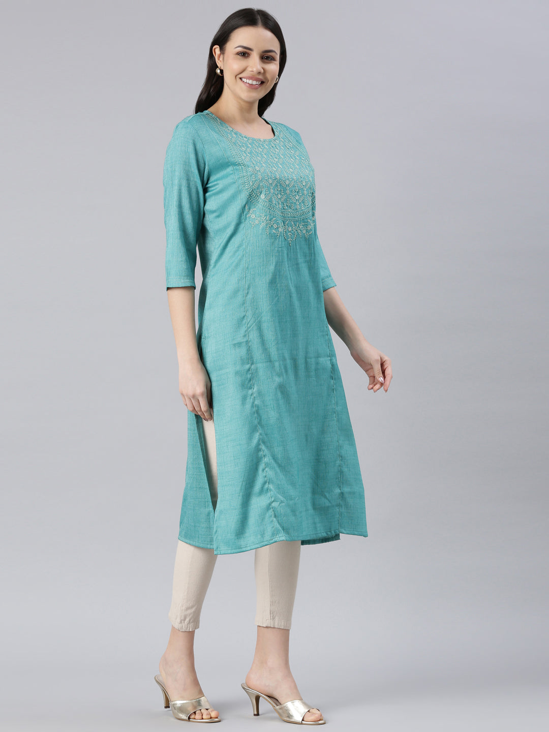 left side view of Samhitas Light Blue chikankari kurta for women