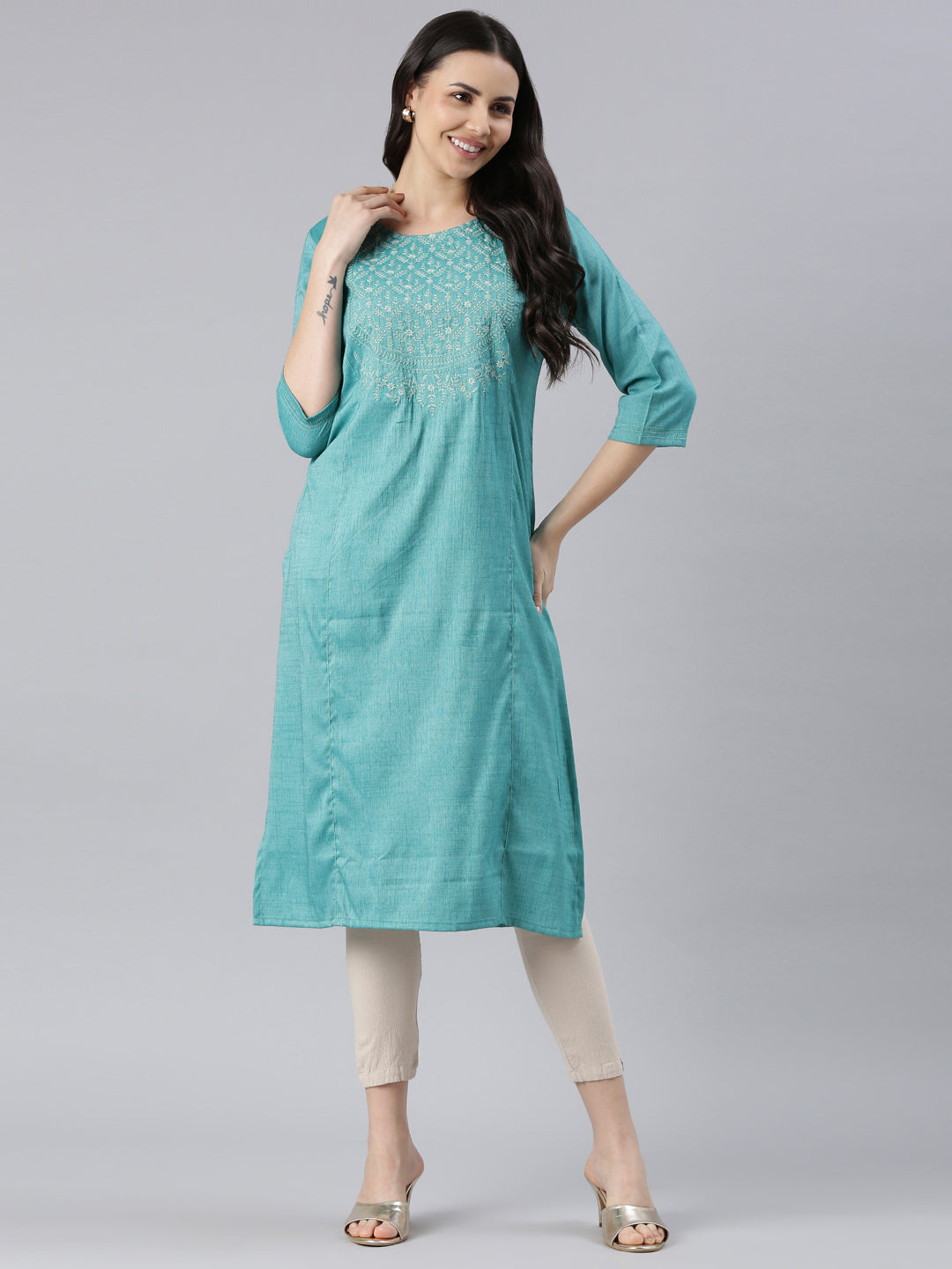 front view image of Samhitas Light Blue chikankari kurta for women