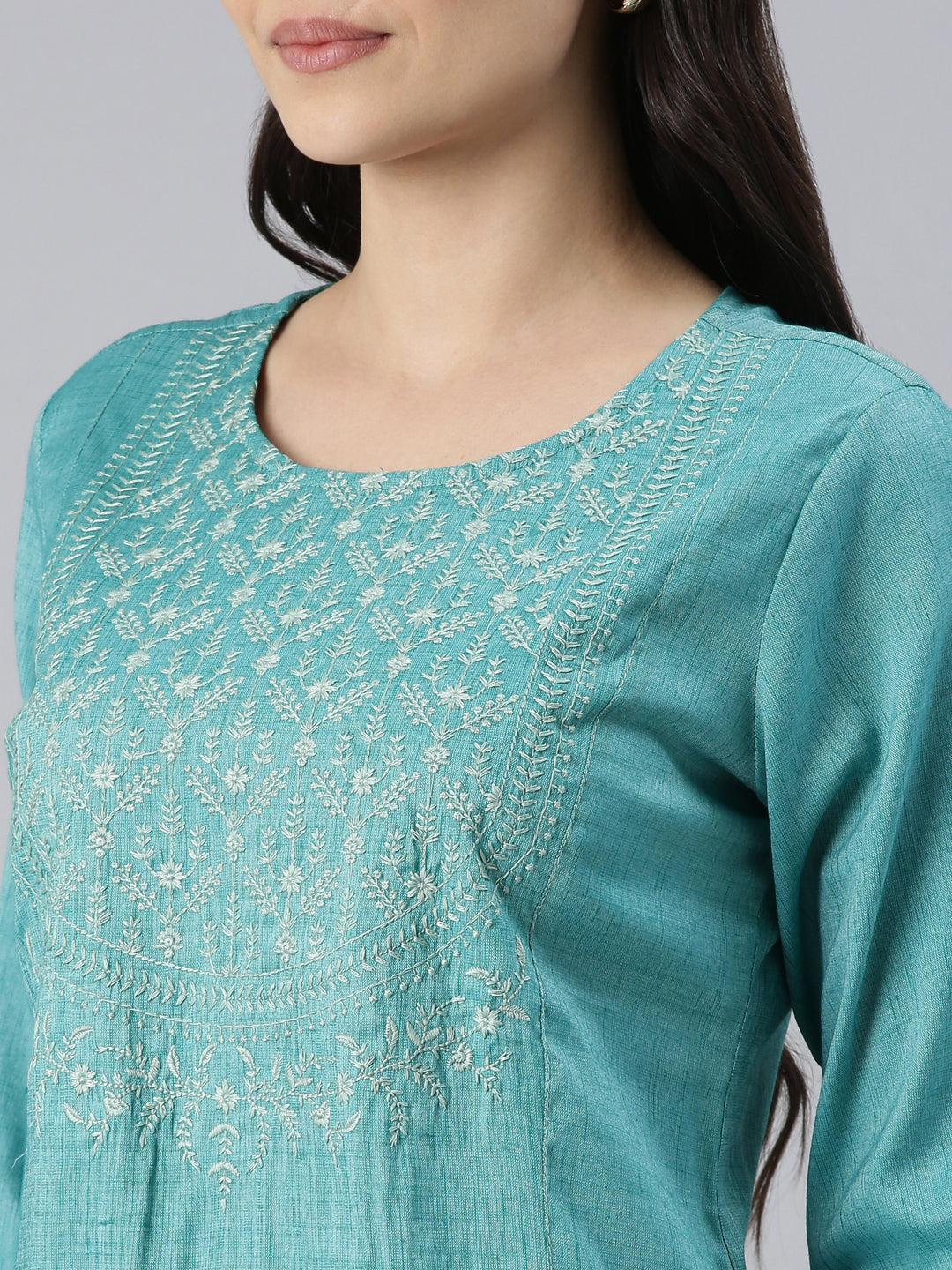 closeup image of Samhitas Light Blue chikankari kurta for women