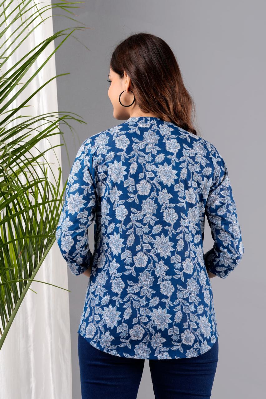 Round Mandarin Collar Sky Blue Floral Print Short Straight Kurti
