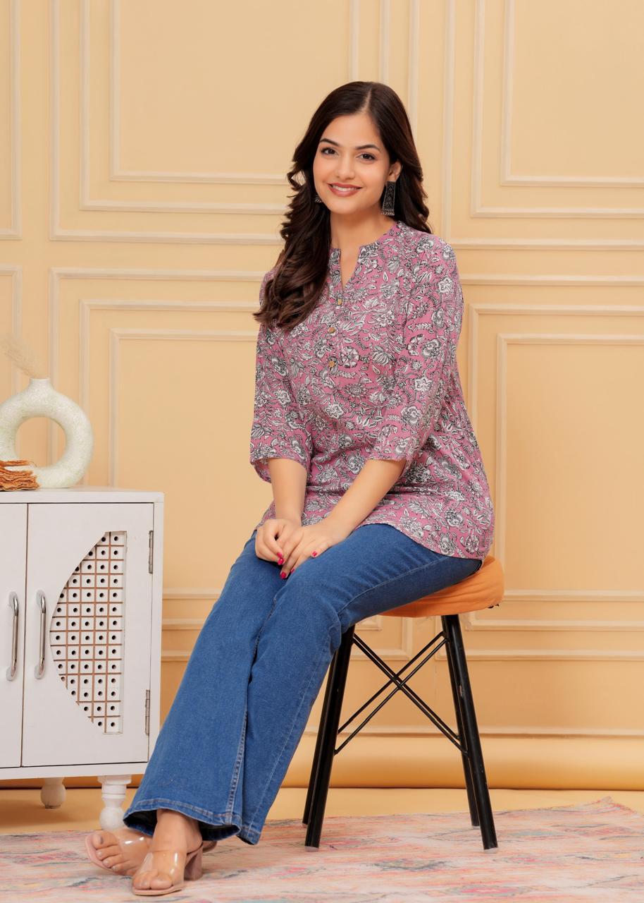 Mandarin Collar Lavender Floral Print Short Kurti