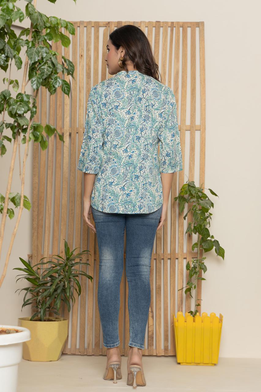 Mandarin Collar Indigo Blue Floral Print Short Kurti