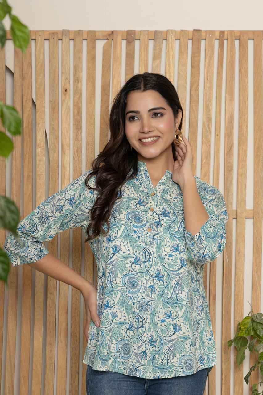 Mandarin Collar Indigo Blue Floral Print Short Kurti