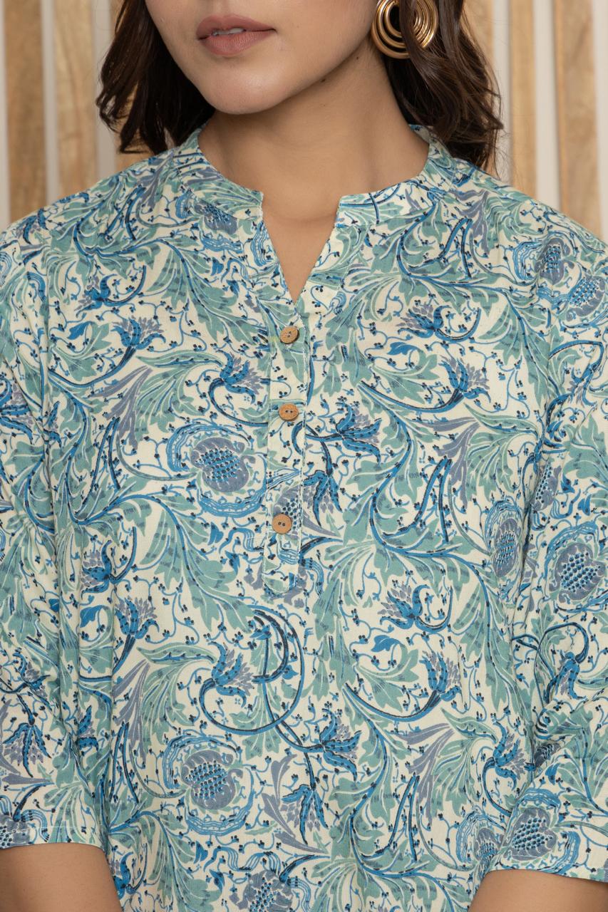 Mandarin Collar Indigo Blue Floral Print Short Kurti