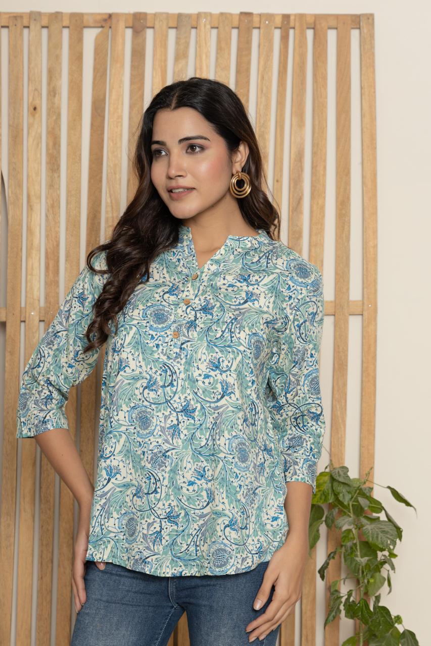 Mandarin Collar Indigo Blue Floral Print Short Kurti