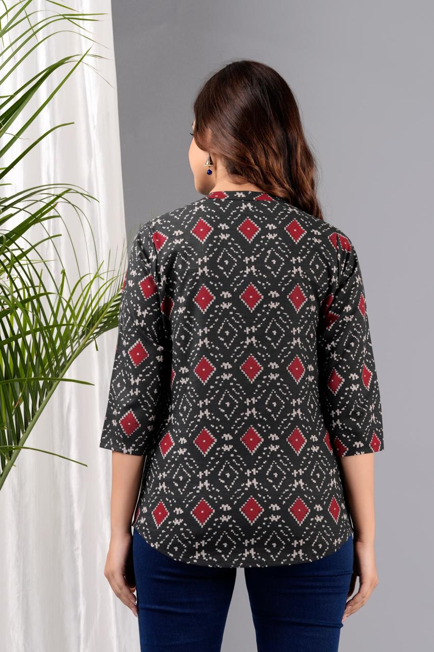 Mandarin Collar Black IKAT  Print Short Kurti