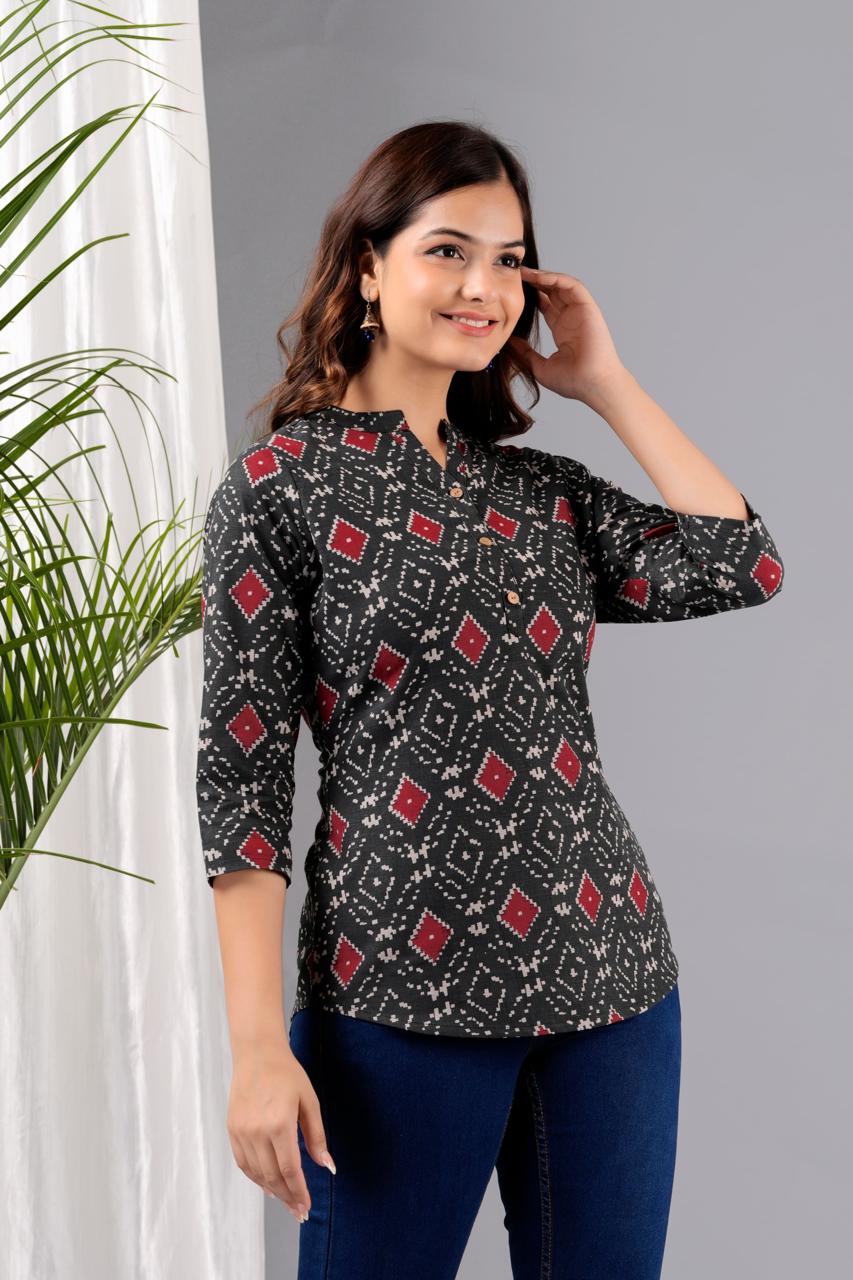 Mandarin Collar Black IKAT  Print Short Kurti