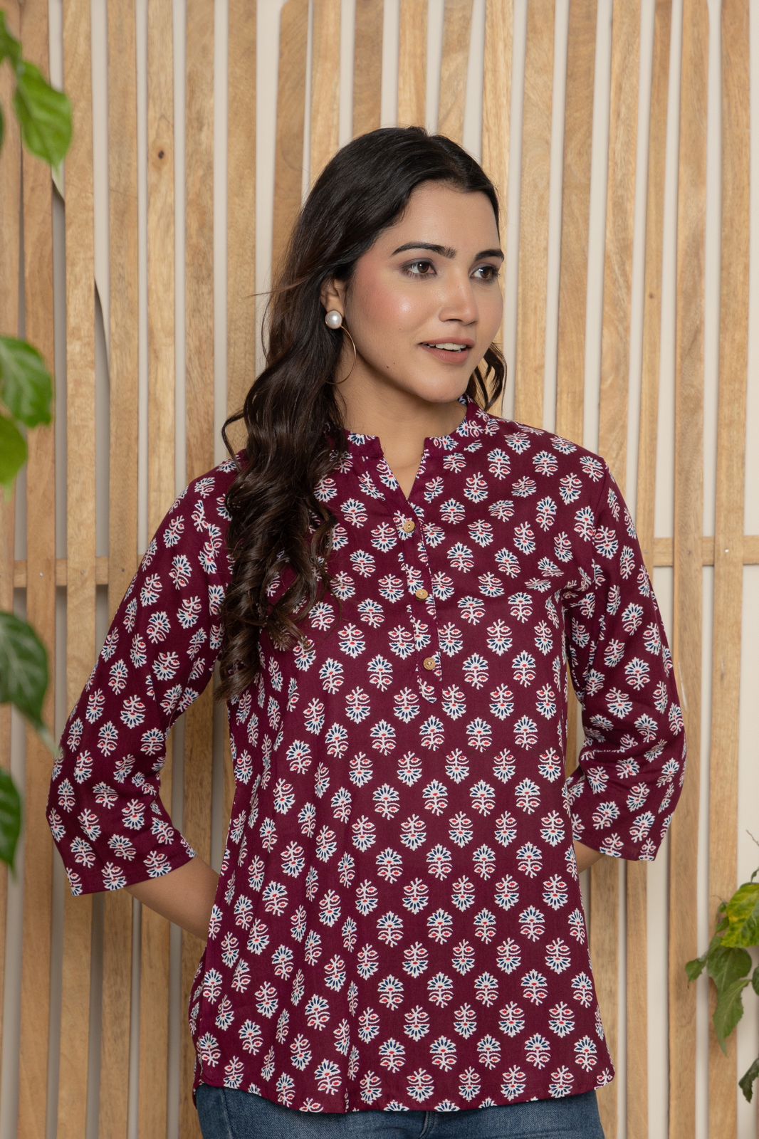 Mandarin Collar Berry Color Short Straight Kurti with button work on neck