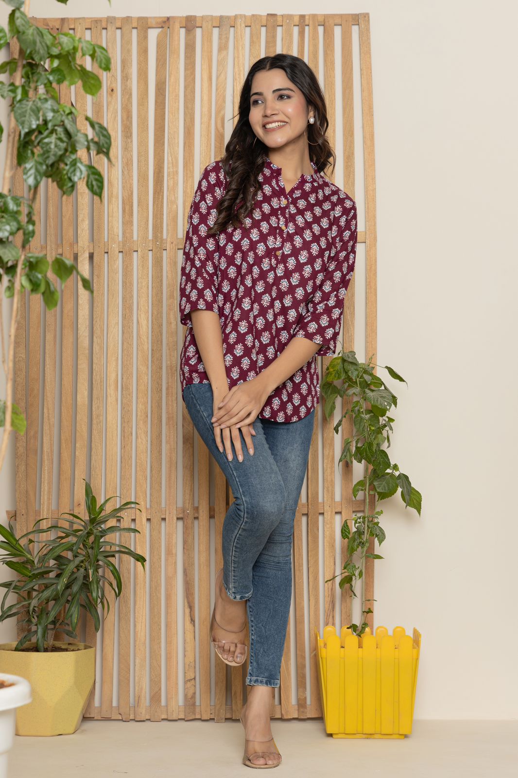 Mandarin Collar Berry Color Short Straight Kurti with button work on neck