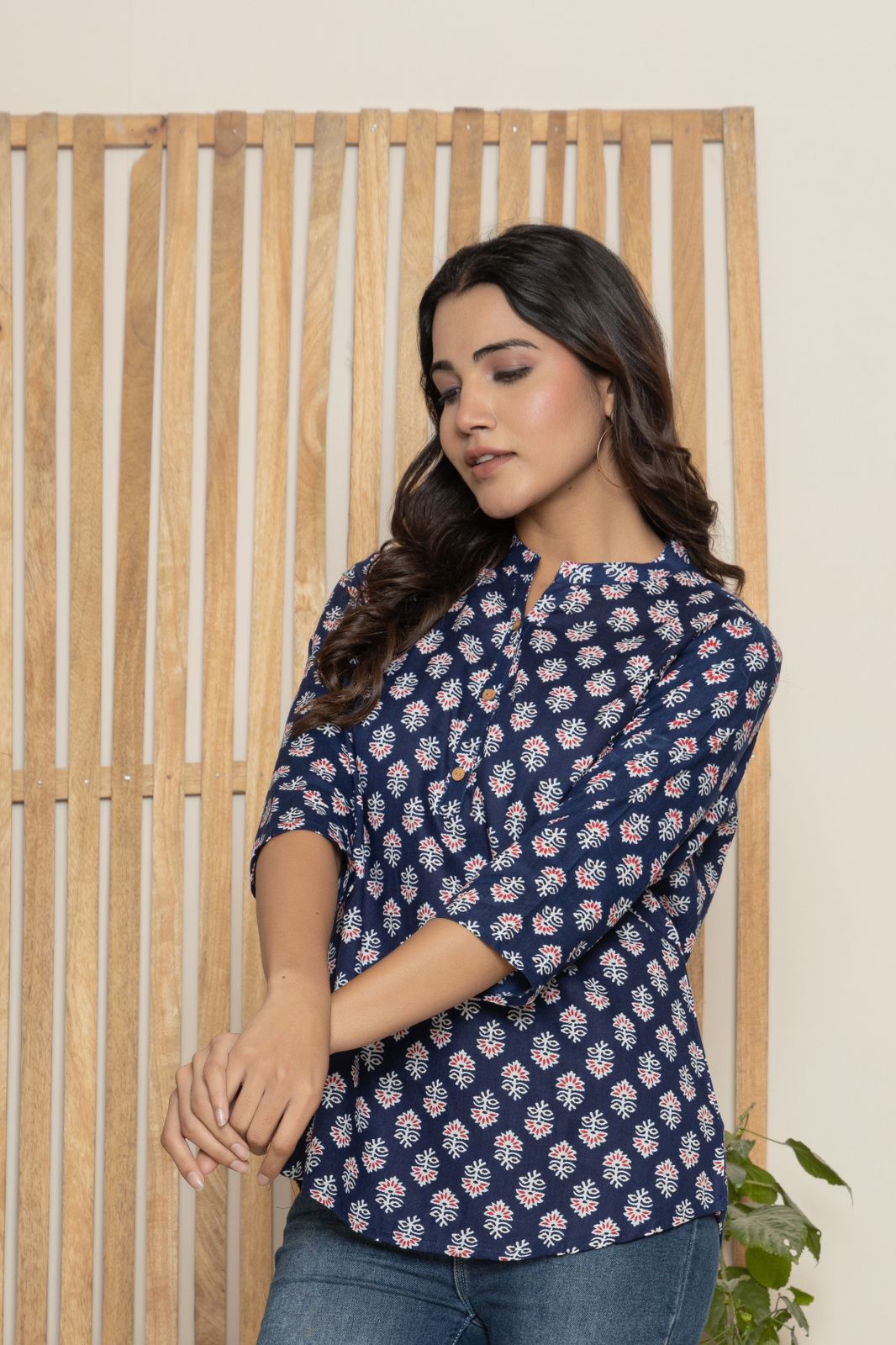 Mandarin Collar Indigo Color Short Straight Kurti