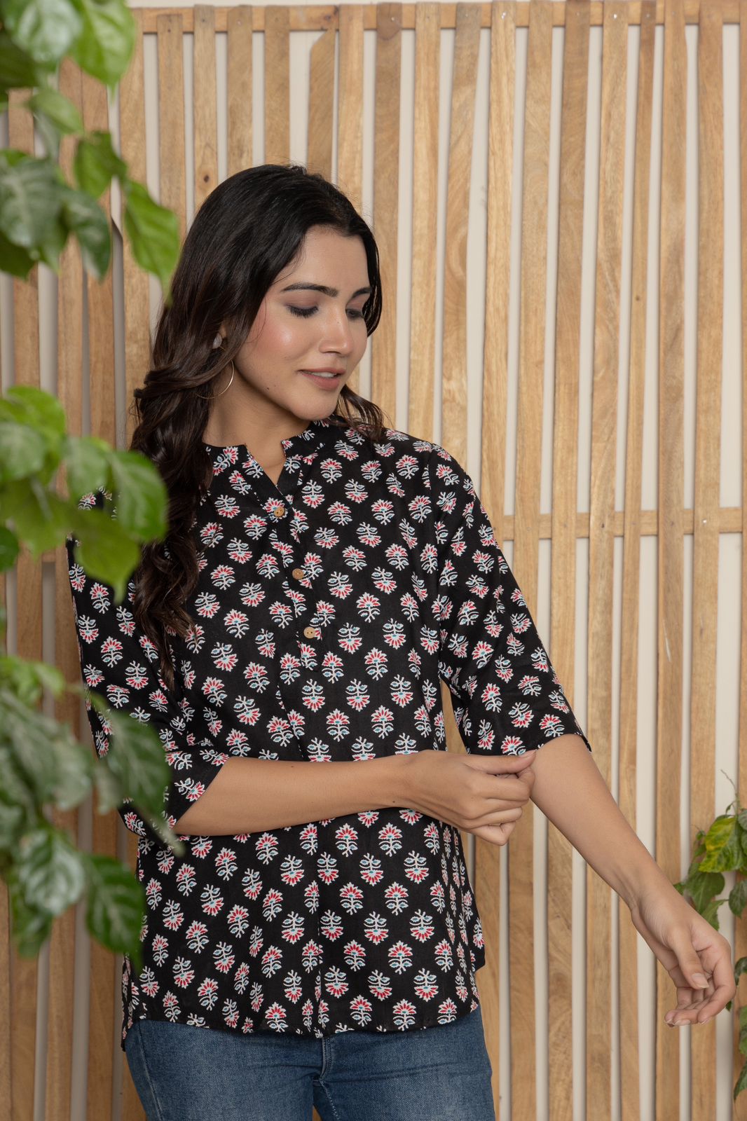 Mandarin Collar Black Straight Short Kurti