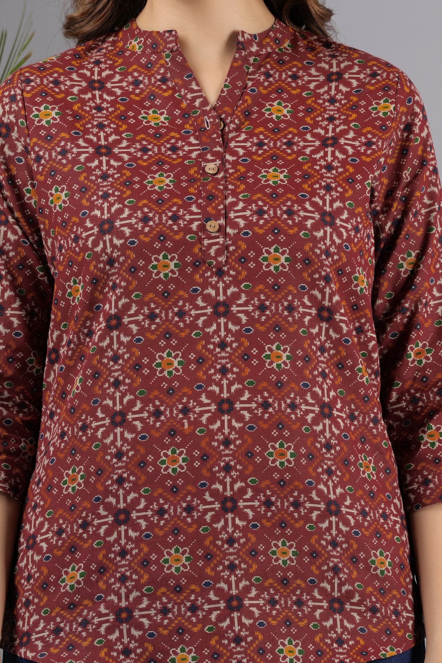 Mandarin Collar Cherry Red Color Short Straight kurti