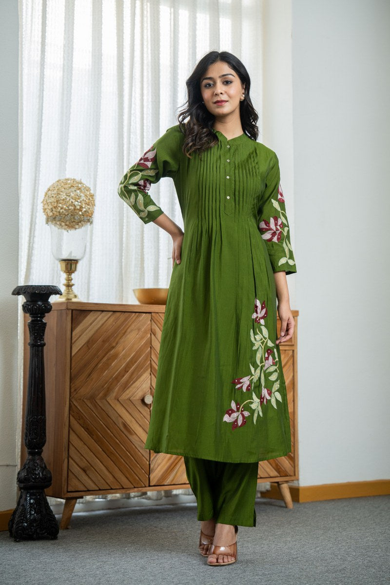 GREEN COLOR CO-ORD SET WITH FLORAL EMBROIDERY AT FRONT AND ON SLEEVES
